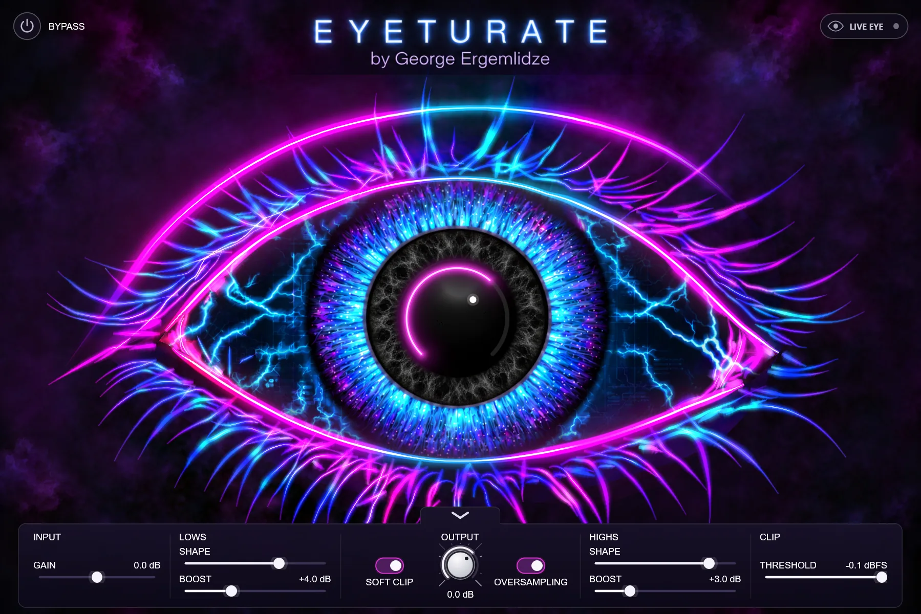 The EYETURATE plug-in window: a neon eye whose pupil is the saturation knob, above a row of gain, tone, soft clip and oversampling controls