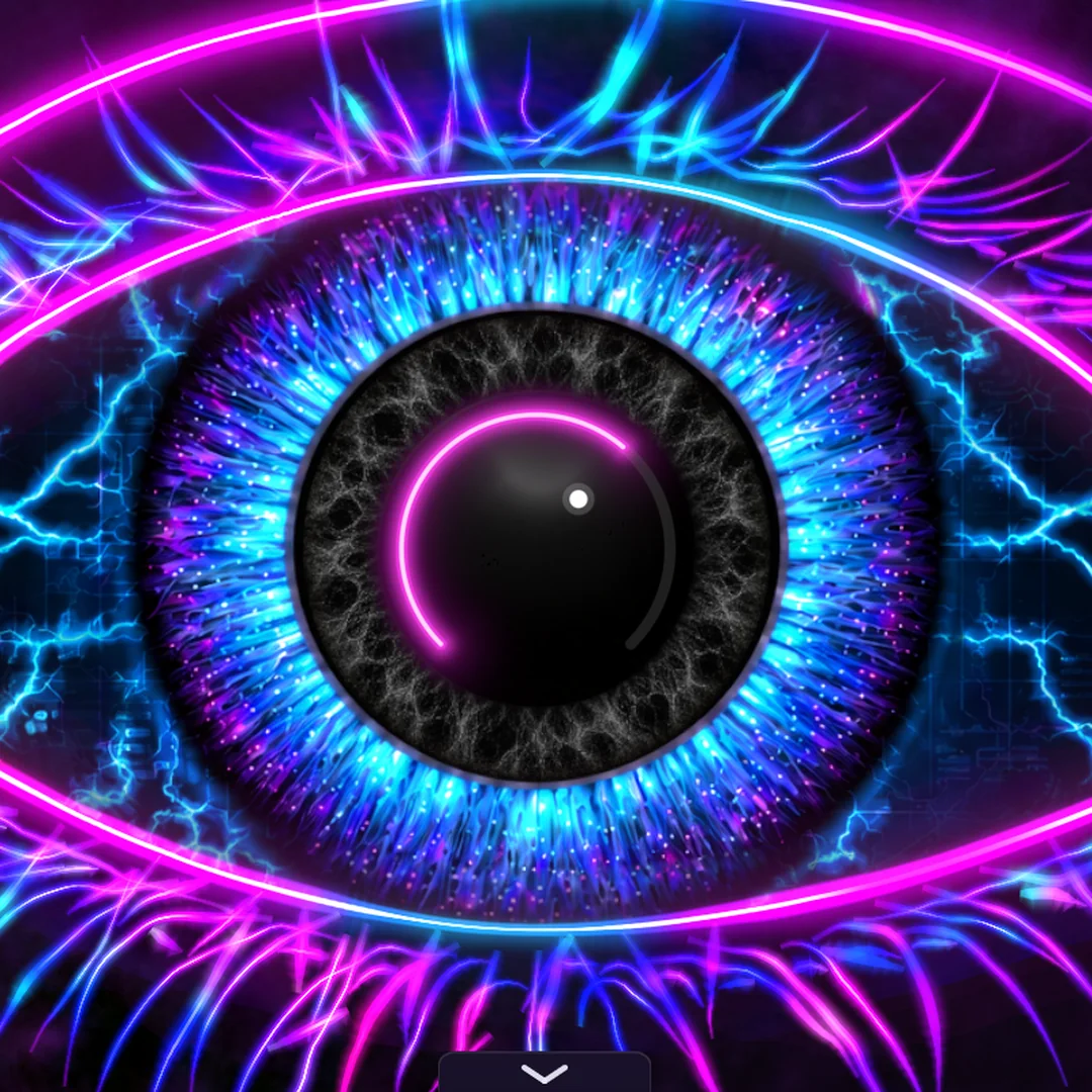Close view of the eye: the pupil is a knob, with a neon arc showing saturation at about two thirds