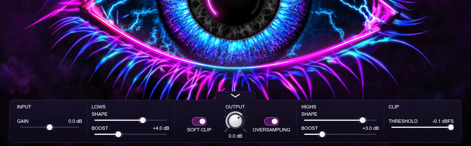 The control panel: input gain, LOWS shape and boost, soft clip, output, oversampling, HIGHS shape and boost, clip threshold
