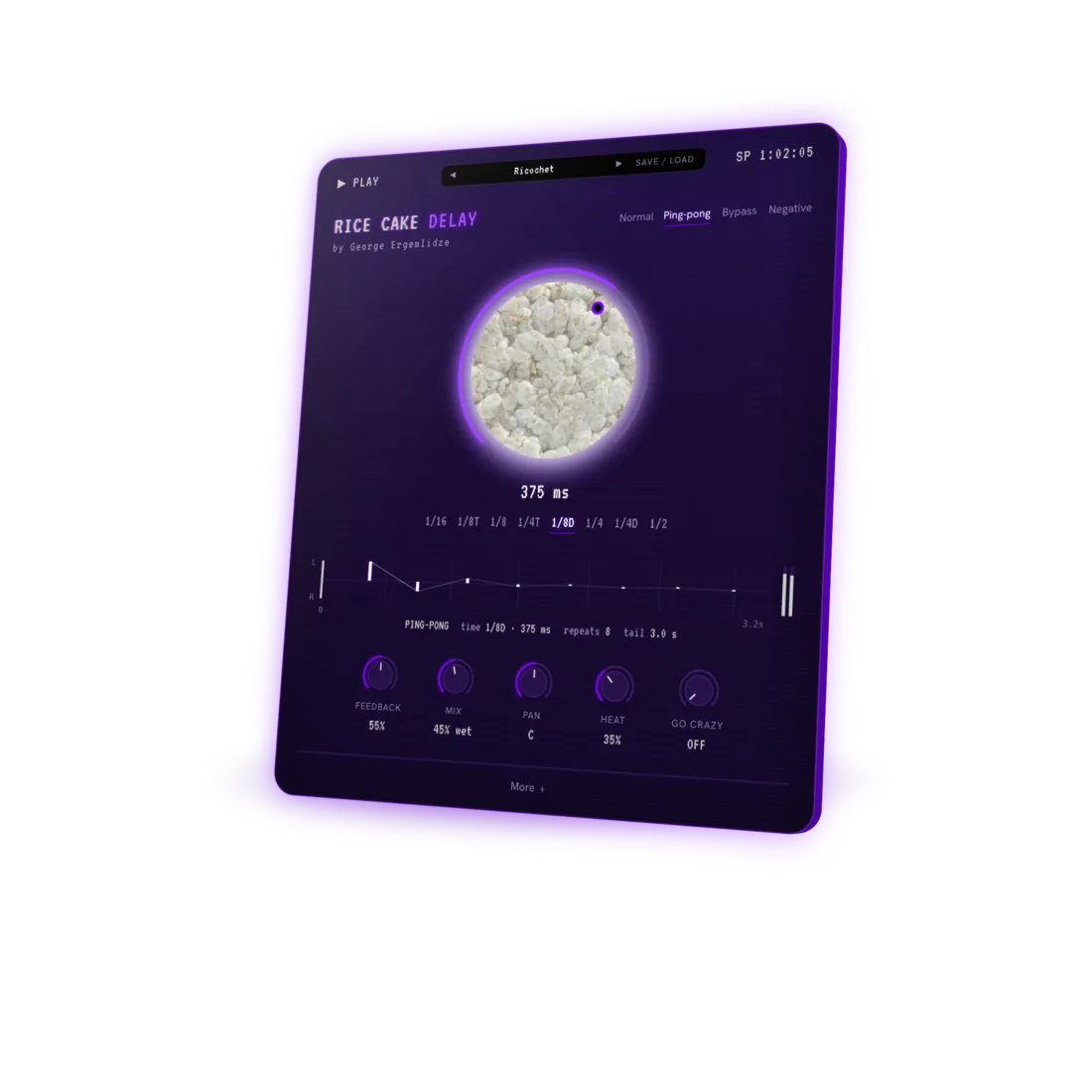 Rice Cake Delay plugin window floating with a violet glow