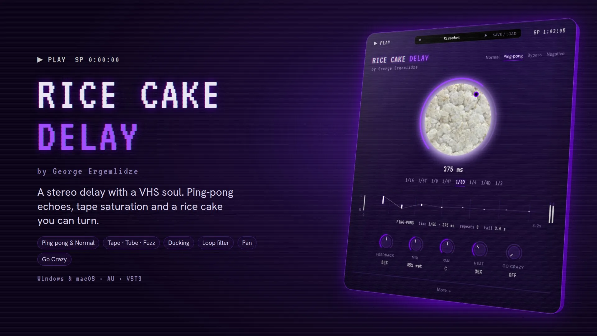 Rice Cake Delay by George Ergemlidze — a stereo delay with a VHS soul, shown next to the plugin window