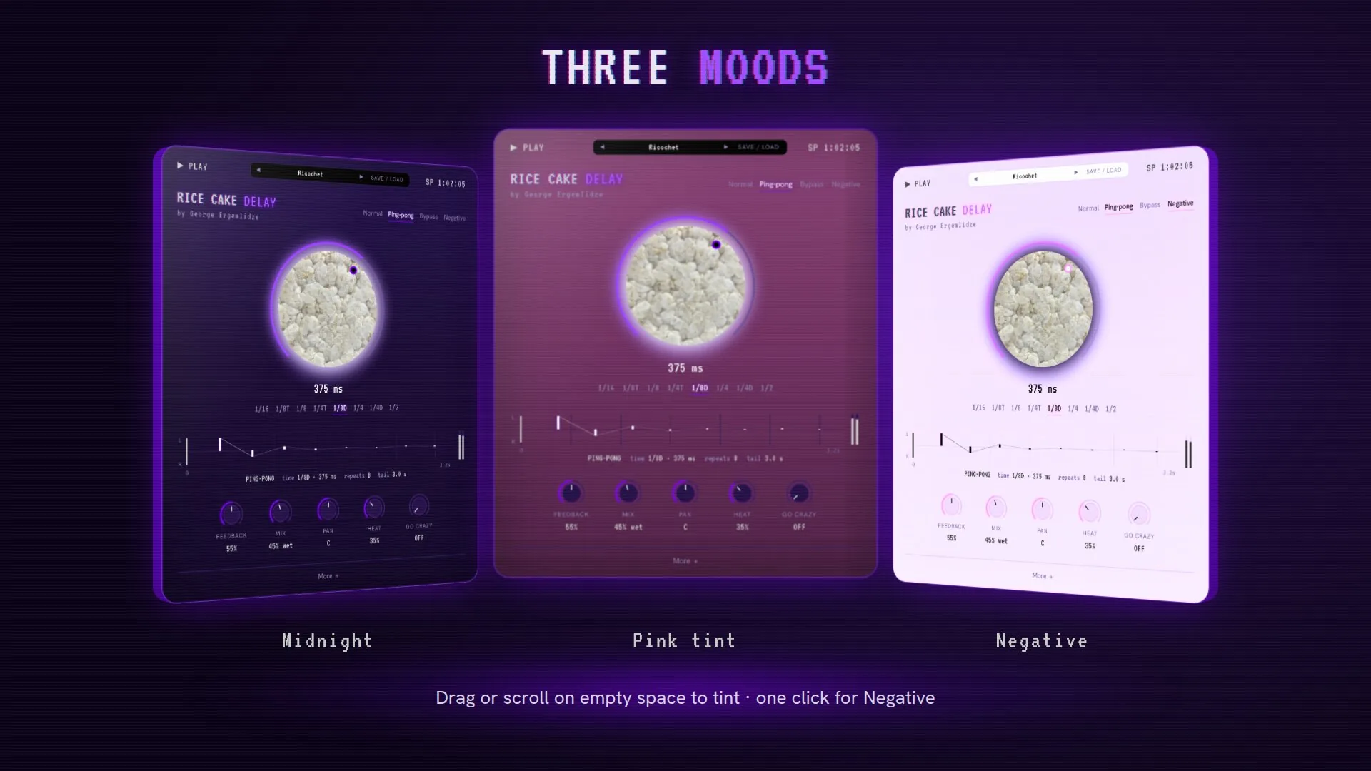 Rice Cake Delay in three color moods: Midnight, Pink tint and Negative
