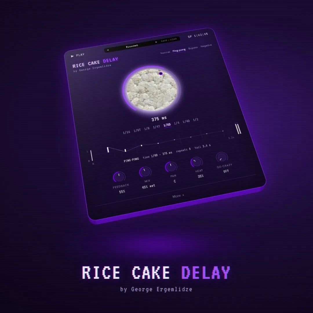 Rice Cake Delay plugin window in 3D, with the Rice Cake Delay title underneath